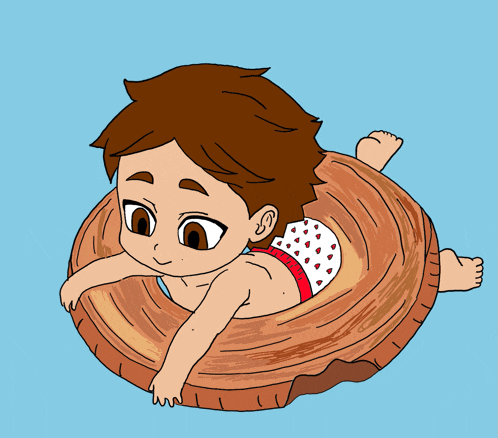 a cartoon drawing of a boy floating in a wooden ring