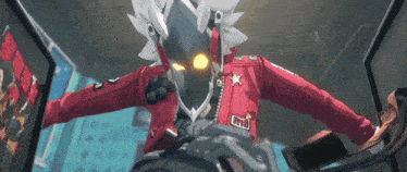a cartoon character with a red jacket that says evil