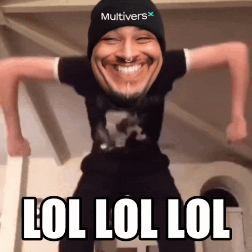 a man wearing a hat that says multivers on it is smiling and says lol lol lol