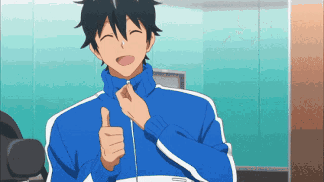 a man in a blue jacket is giving a thumbs up sign