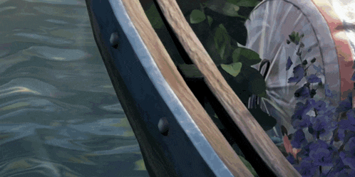 a painting of a boat in the water with purple flowers