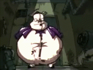 a cartoon character with a big belly and a purple tie is standing in a dark room .