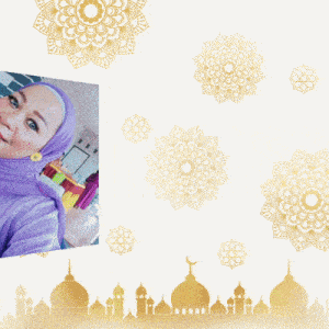 a woman in a purple hijab is surrounded by gold flowers and buildings