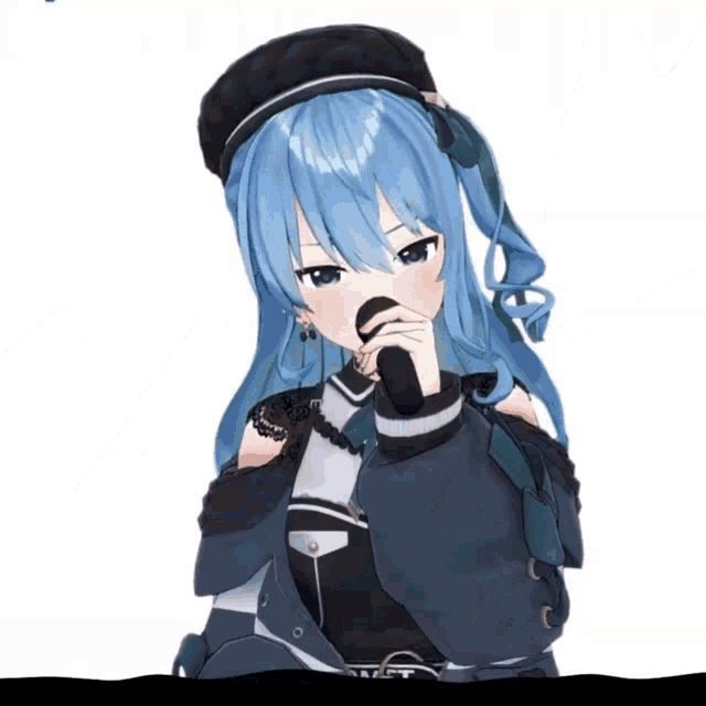a girl with blue hair is holding a microphone and wearing a black hat