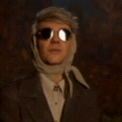 a man wearing sunglasses and a scarf around his head looks at the camera .