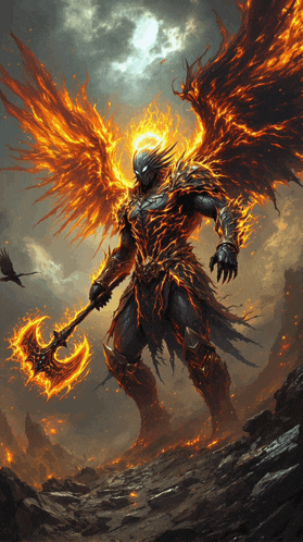 a demon with flaming wings is holding an axe in his hand