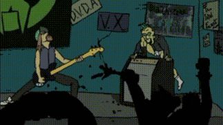 a cartoon of a man playing a guitar in front of a crowd with a sign that says dvda on it