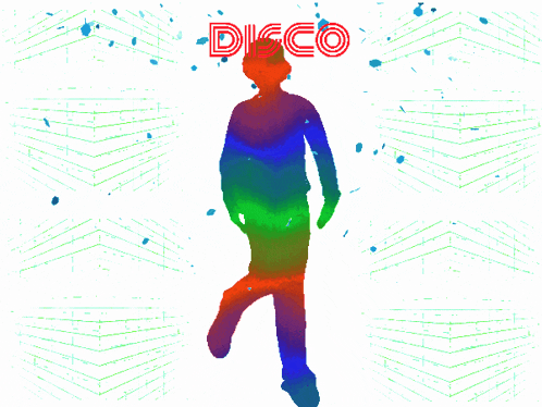 a colorful silhouette of a person dancing with the word disco in red