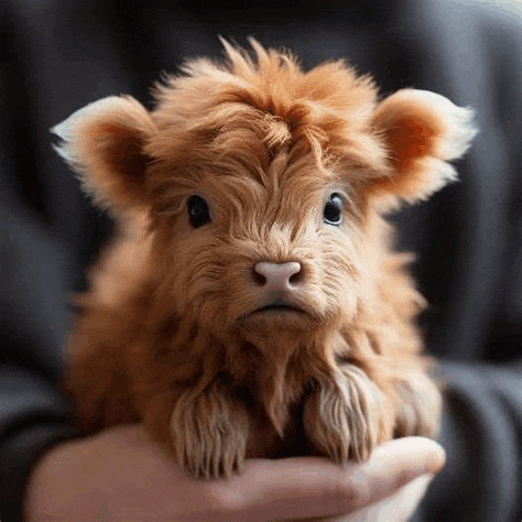 a person is holding a baby cow in their hands .
