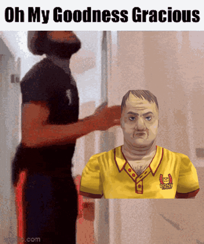 a cartoon of a man in a yellow shirt that says pony on it