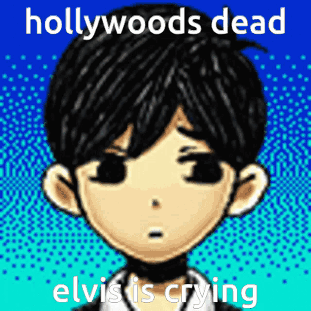 a picture of a boy with the words hollywoods dead elvis is crying written on it