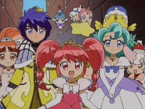 a group of anime characters are posing for a picture including a girl in a pink dress