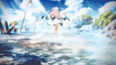 a woman in a white dress is running through a body of water