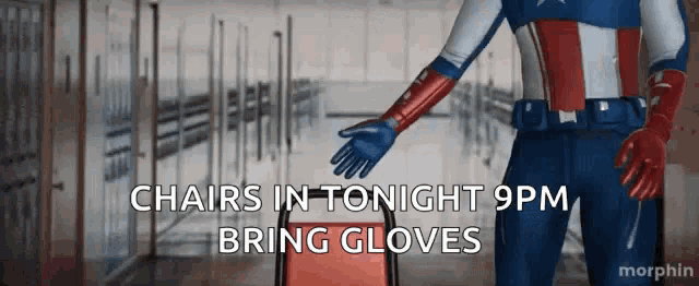 a cartoon of a man in a superhero costume with the words chairs in tonight 9 pm bring gloves