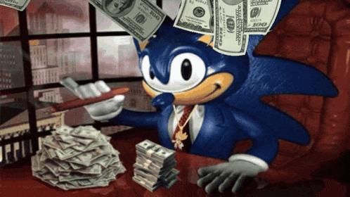 sonic the hedgehog is sitting at a table with a stack of money on it