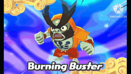 a video game character named burning buster is shown on a screen .