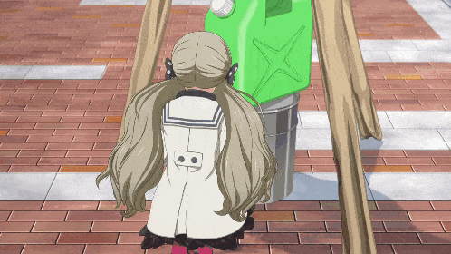 a girl with pigtails is standing in front of a green can with an x on it