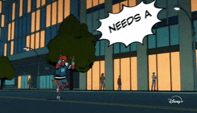 a cartoon of a man running down a street with a speech bubble that says needs a