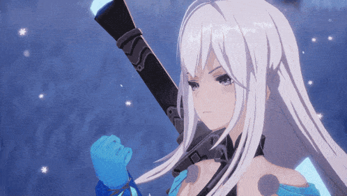 a girl with long white hair is holding a sword in her hand