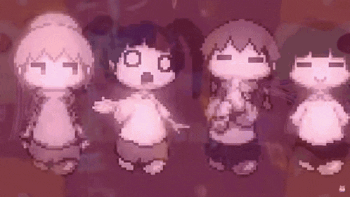 a group of pixel art characters standing next to each other in a row .