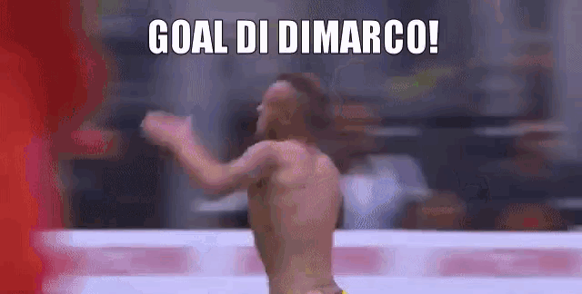 a shirtless man is dancing in front of a crowd with the words goal di dimarco written on the bottom .