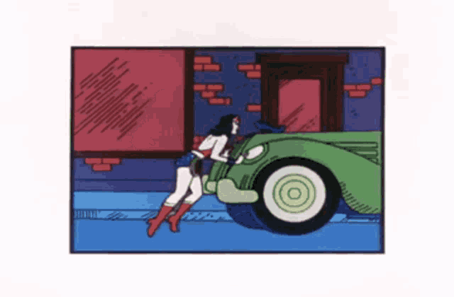 a comic book illustration of wonder woman pushing a car
