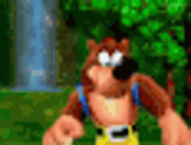 a blurred image of a cartoon character standing in front of a waterfall .
