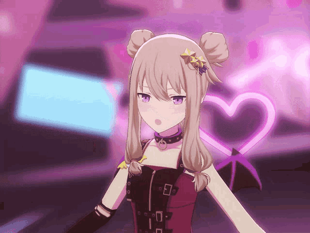 a girl with a heart in the background is wearing a choker