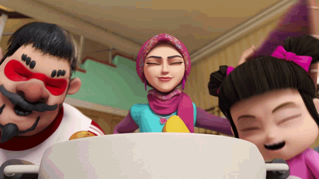 a group of cartoon characters including a man with a mustache and a woman in a pink hijab