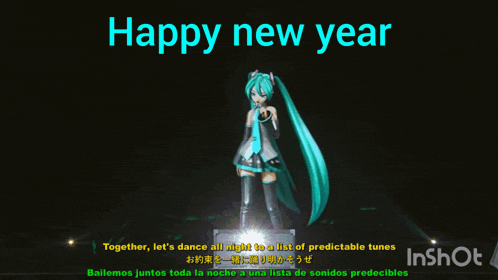 a happy new year greeting card with hatsune miku dancing
