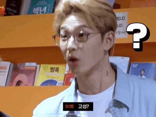 a man wearing glasses stands in front of a bookshelf with a question mark above his head