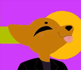 a cartoon drawing of a dog sticking its tongue out on a purple and yellow background