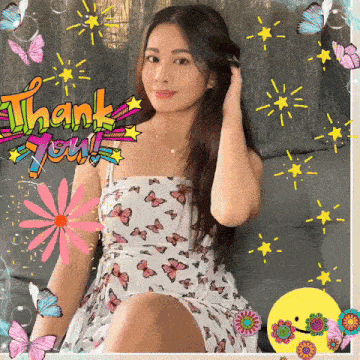 a woman in a white dress is sitting on a couch with the words thank you written on the bottom