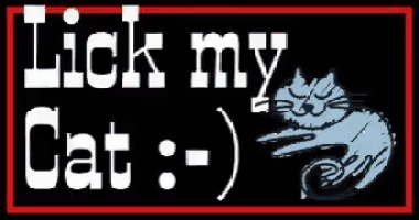 a red and white sign that says lick my cat on it