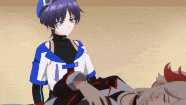 a girl in a blue and white uniform stands next to another girl in a white and blue uniform