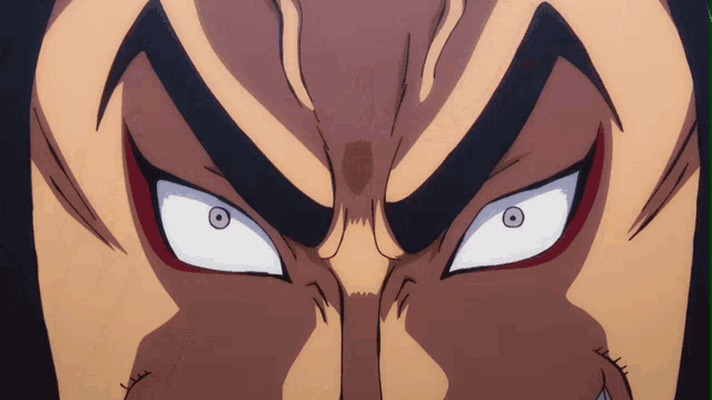 a close up of a cartoon character 's face with a white eye