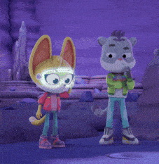 two cartoon characters are standing next to each other with one wearing glasses