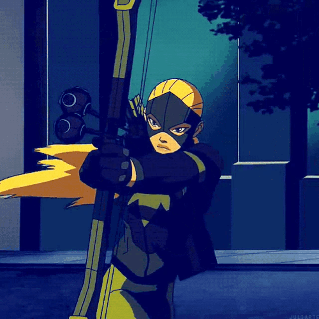 a cartoon character is holding a bow and arrow with the word juliartc visible in the corner