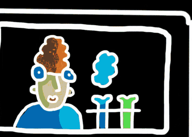 a cartoon drawing of a person with a pink cloud in their head