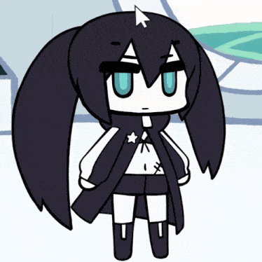 a cartoon character with black hair and blue eyes has a white arrow on her head