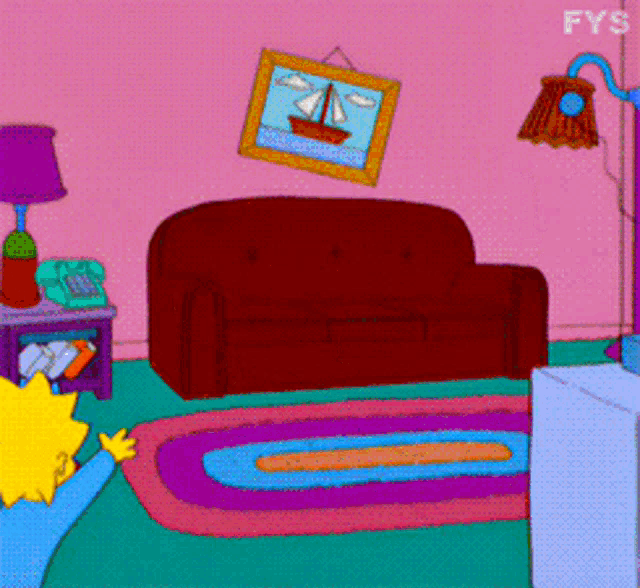 a cartoon of a living room with a red couch and a picture of a sailboat on the wall above the couch