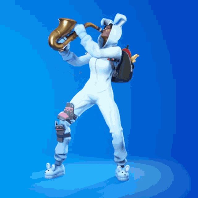 a person in a bunny suit is playing a saxophone on a blue background