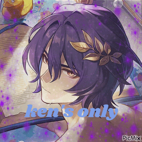a picture of a boy with purple hair and the words ken 's only on the bottom