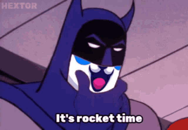a cartoon of batman saying " it 's rocket time "