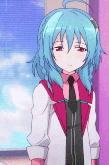 a girl with blue hair and a purple shirt and tie