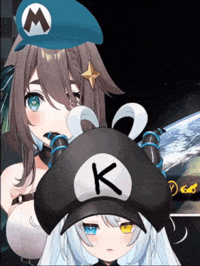 two anime girls wearing hats with the letter k on it