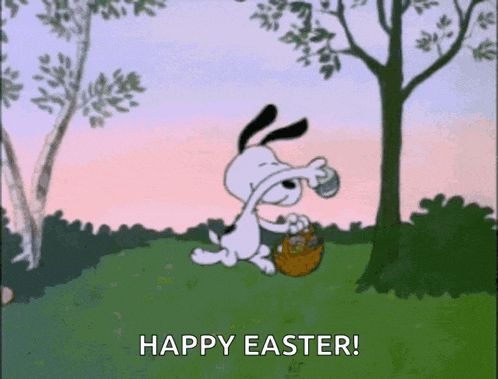 a cartoon of snoopy holding a basket of easter eggs with the words happy easter below him
