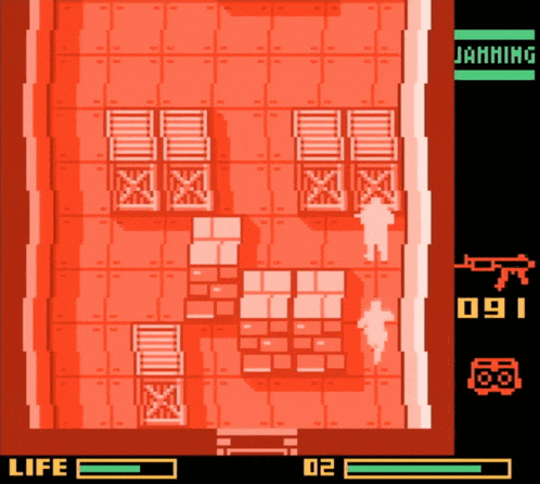 a video game screen shows a soldier in a room with boxes and says jamming