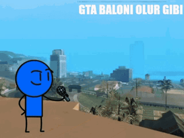 a cartoon character is holding a microphone in front of a city with the words gta baloni olur gibi above him