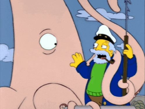 a cartoon of a man holding a fishing rod standing next to a giant octopus